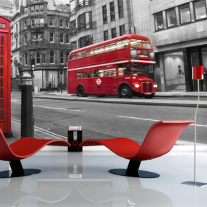 Papier Peint Panoramique Cabine téléphonique et bus rouges à Londres