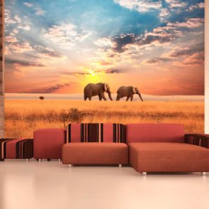 Papier Peint Panoramique Éléphants de savane d'Afrique