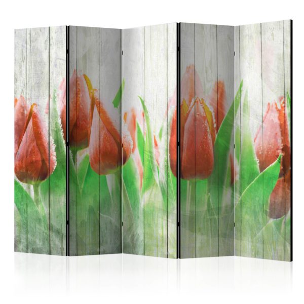 Paravent 5 volets - Red tulips on wood