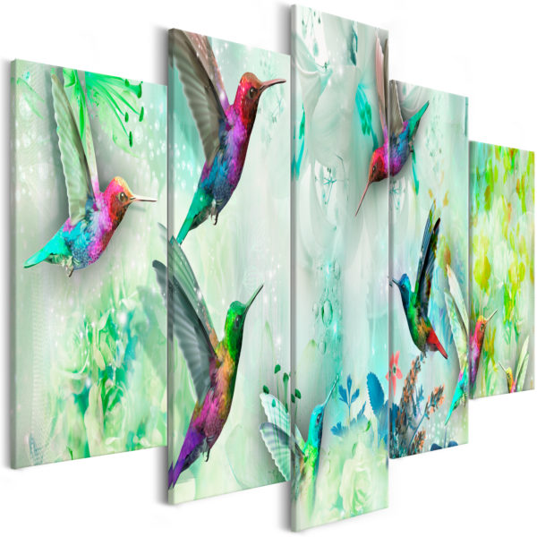 Tableau - Colourful Hummingbirds (5 Parts) Wide Green fait partie des tableaux murales de la collection de worldofwomen découvrez ce magnifique tableau exclusif chez nous