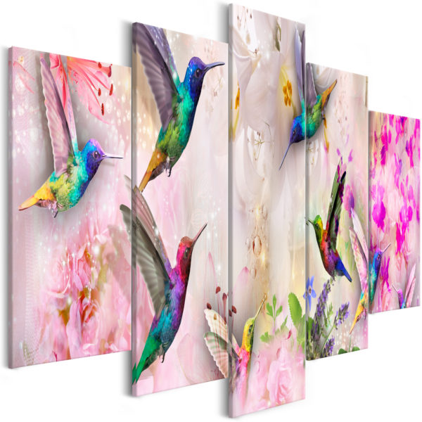 Tableau - Colourful Hummingbirds (5 Parts) Wide Pink fait partie des tableaux murales de la collection de worldofwomen découvrez ce magnifique tableau exclusif chez nous