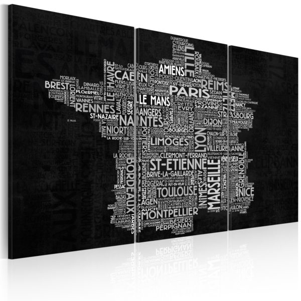 Tableau - Text map of France on the black background - triptych fait partie des tableaux murales de la collection de worldofwomen découvrez ce magnifique tableau exclusif chez nous