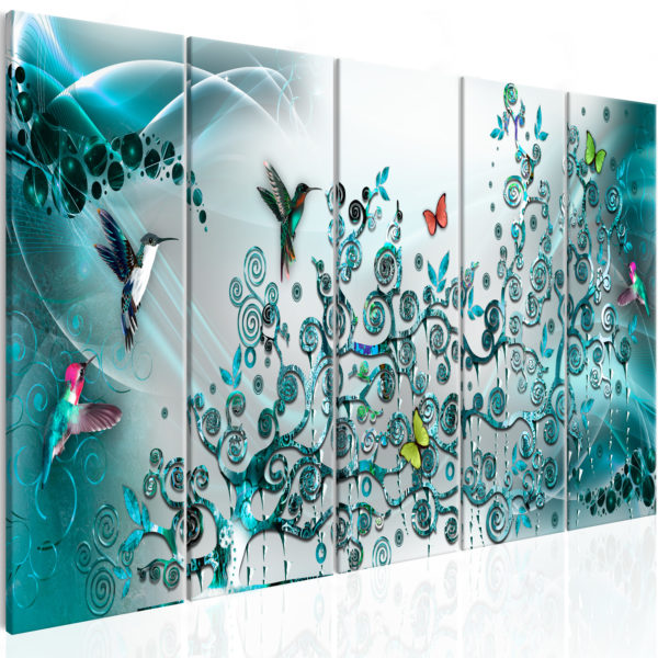 Tableau décoratif : Hummingbirds Dance (5 Parts) Turquoise Narrow en hq