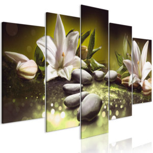 Tableau décoratif : Lilies and Stones (5 Parts) Wide Green en hq