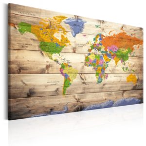 Tableau décoratif : Map on wood: Colourful Travels en hq