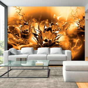 Papier Peint Abstrait - Oily Flower (Orange) papier peint design intissé parfait pour les murs ou meubles